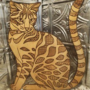 Laser Engraved Wooden Tabby Cat Wall / Home Decor